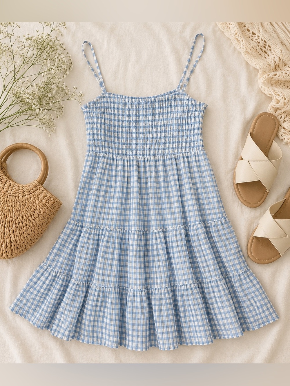 Saltwater Luxe Blue & White Gingham Smocked Tiered Mini Dress Size Small NWT